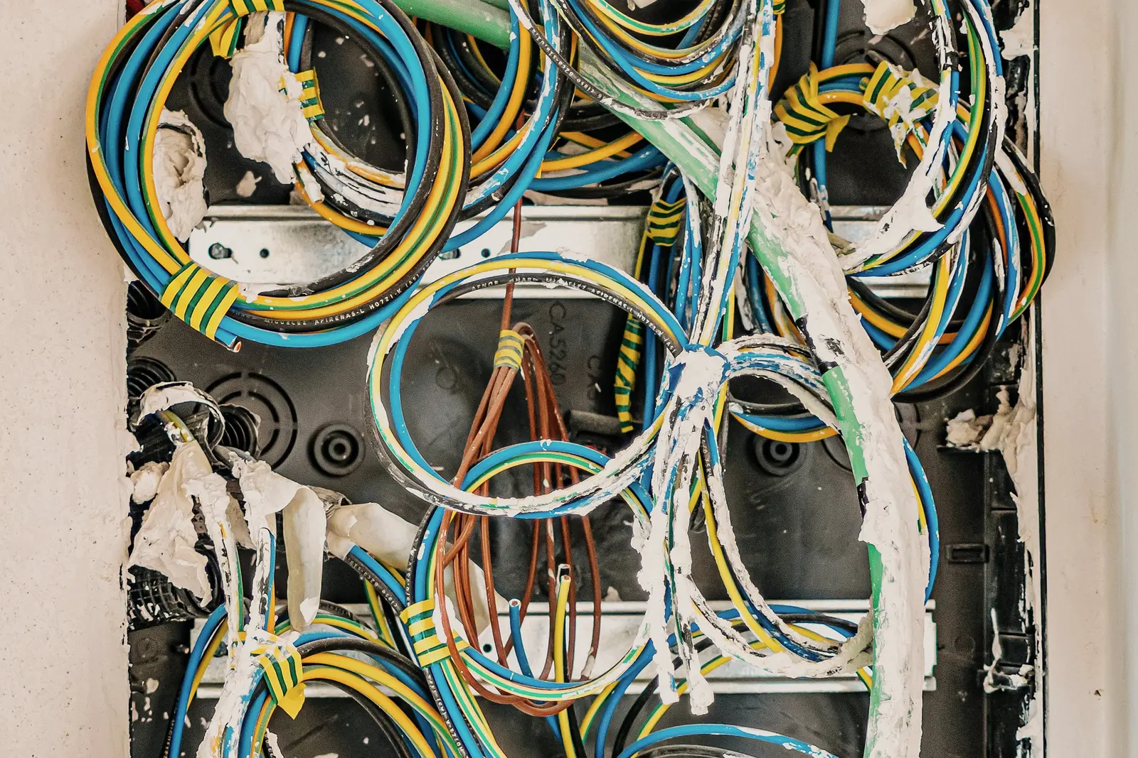 Coffret électrique encastré et vidé de ses modules : rails nus et conducteurs lovés en attente, étiquettes de repérage manuscrites.