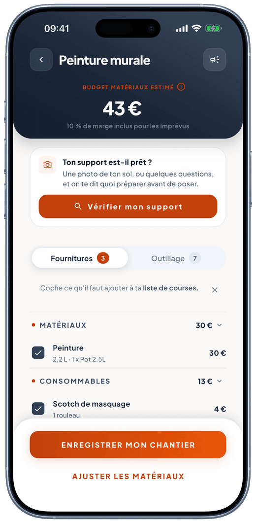 Écran de chiffrage de Murmur : budget matériaux estimé pour une peinture murale, marge imprévus incluse, avec le détail des fournitures.