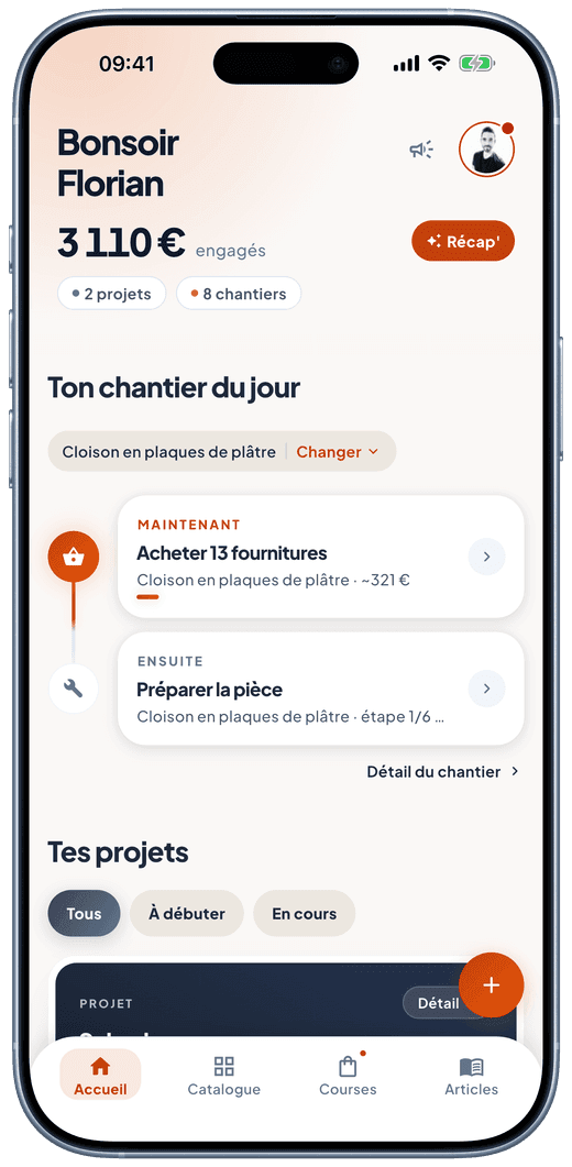 Écran d’accueil de Murmur : le chantier du jour avec la prochaine action à faire, et la vue d’ensemble des projets.