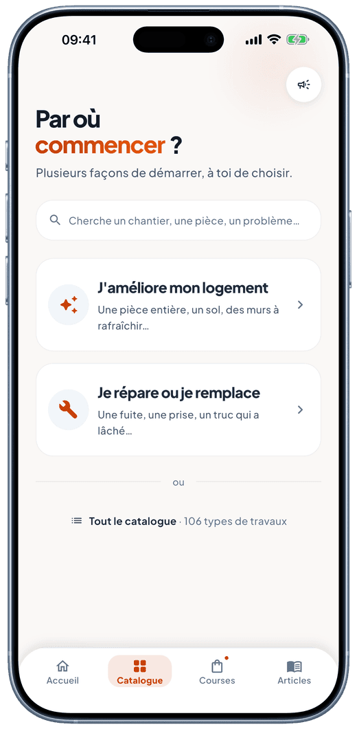 Écran du catalogue : deux entrées, améliorer mon logement ou réparer.