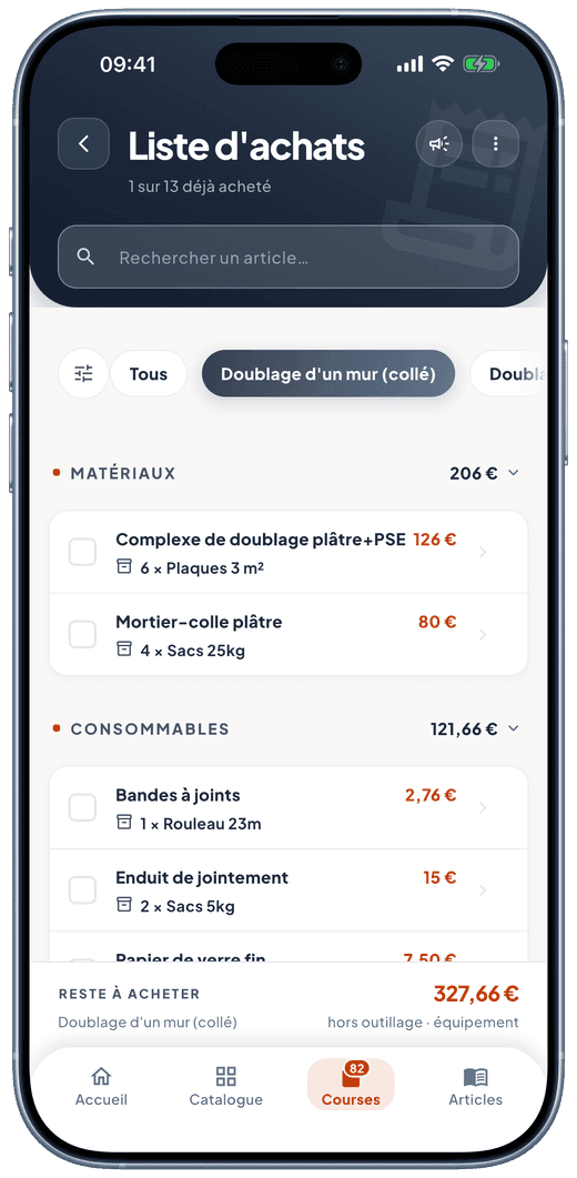 Écran liste d’achats de Murmur : matériaux à acheter par chantier, avec quantités, conditionnements et reste à acheter.