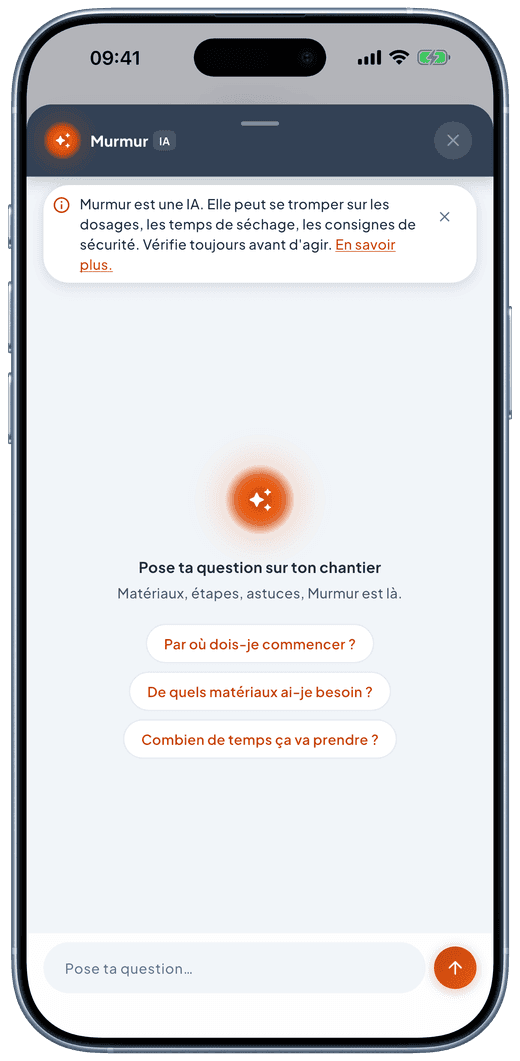 Le mentor Murmur : « Pose ta question sur ton chantier », avec des suggestions et l’avertissement sur les réponses de l’IA.