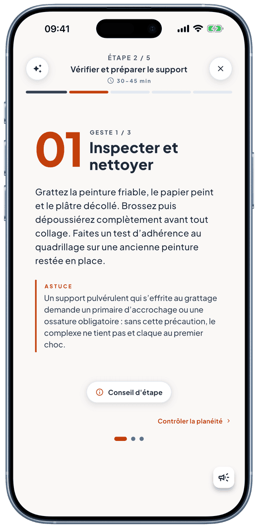 Écran du mode chantier de Murmur : l’étape guidée en cours, avec ses conseils.