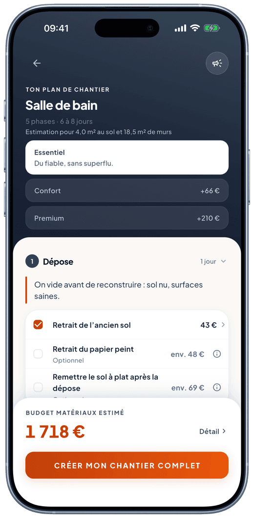 Écran du plan de chantier : les trois gammes Essentiel, Confort et Premium, avec le détail chiffré de la phase Dépose.