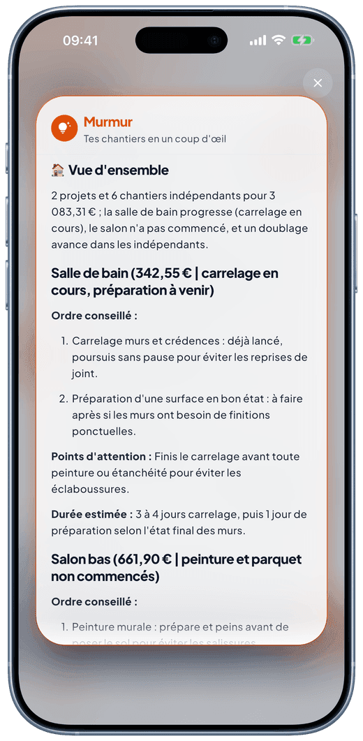 Récapitulatif conseillé de Murmur : l’ordre de réalisation recommandé entre les chantiers, points d’attention et durée estimée.
