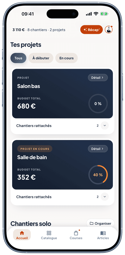 Écran Tes projets : les chantiers regroupés par projet, avec budget total et avancement.