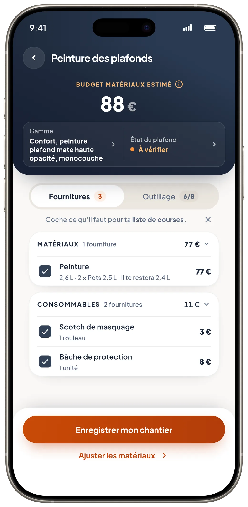 Le chiffrage de la peinture des plafonds : 88 € de matériaux, avec les fournitures à cocher pour la liste de courses.