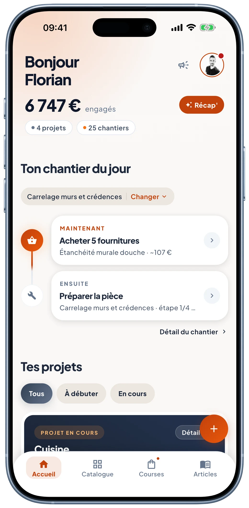 Écran d’accueil de Murmur : le chantier du jour avec la prochaine action à faire, et la vue d’ensemble des projets.