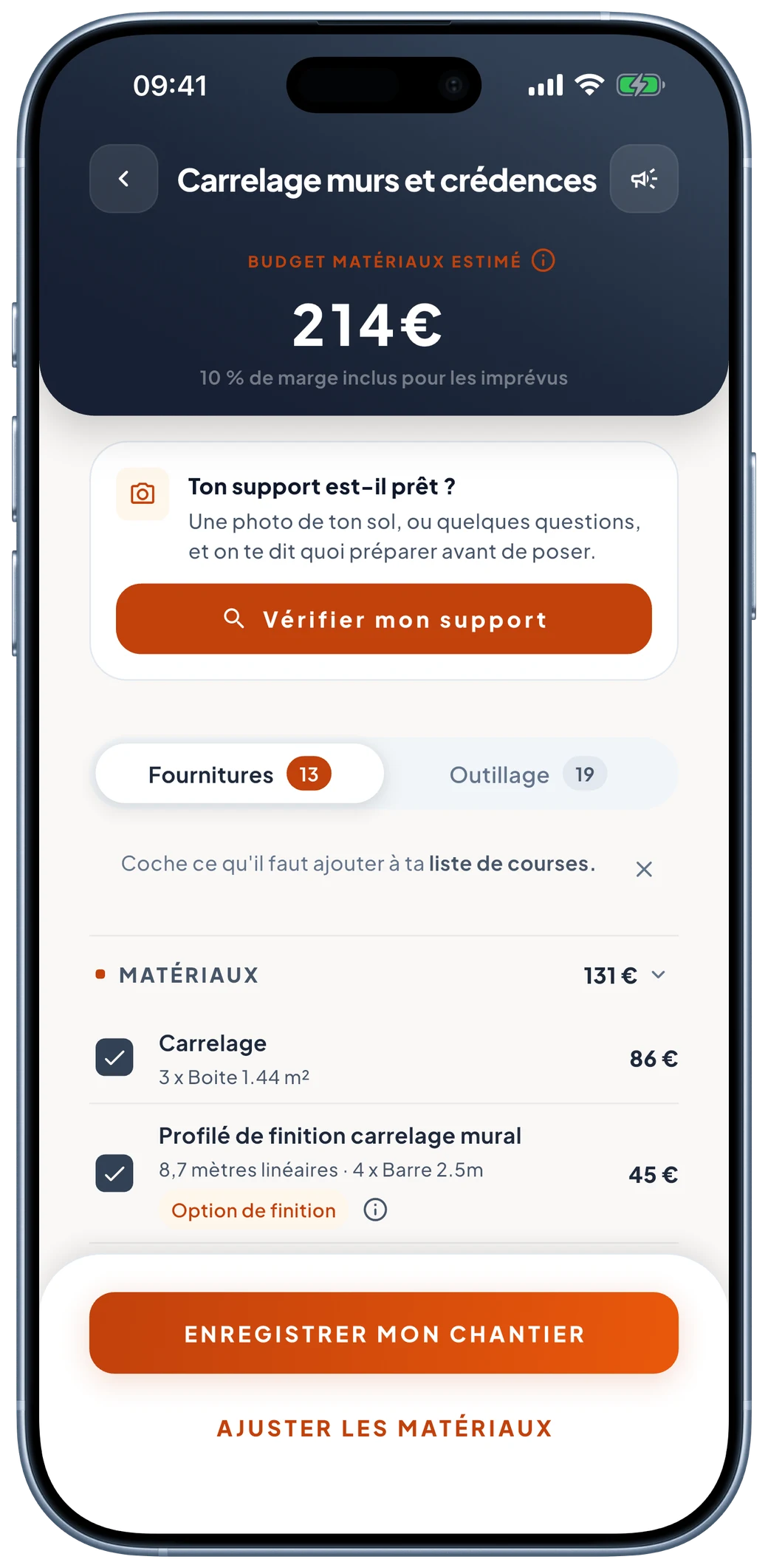 Écran de chiffrage de Murmur : budget matériaux estimé à 214 €, 10 % de marge inclus pour les imprévus, et le détail des fournitures ligne à ligne.