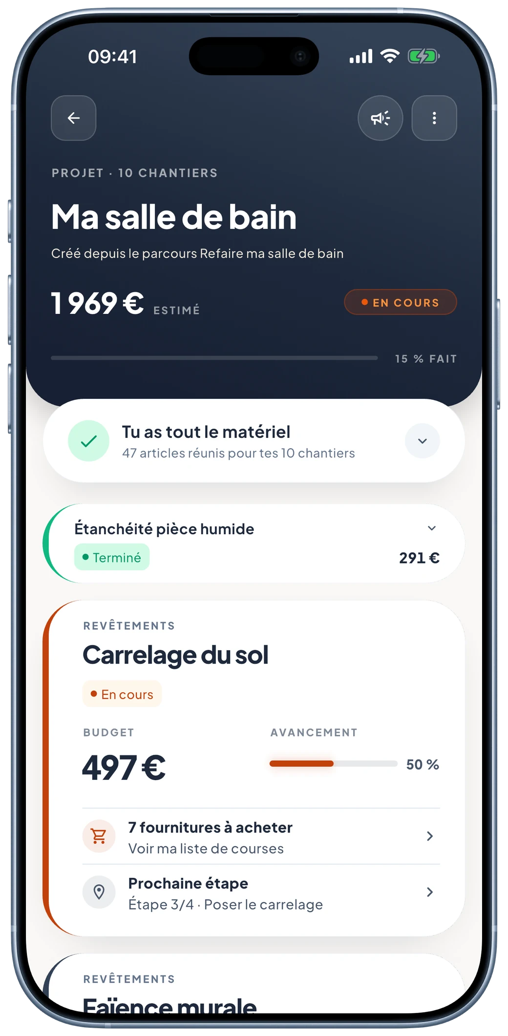 Écran du projet Ma salle de bain dans Murmur : 1 969 € estimés, 15 % fait, et ses dix chantiers, dont l’étanchéité de la pièce humide terminée à 291 € et le carrelage du sol en cours à 497 €.
