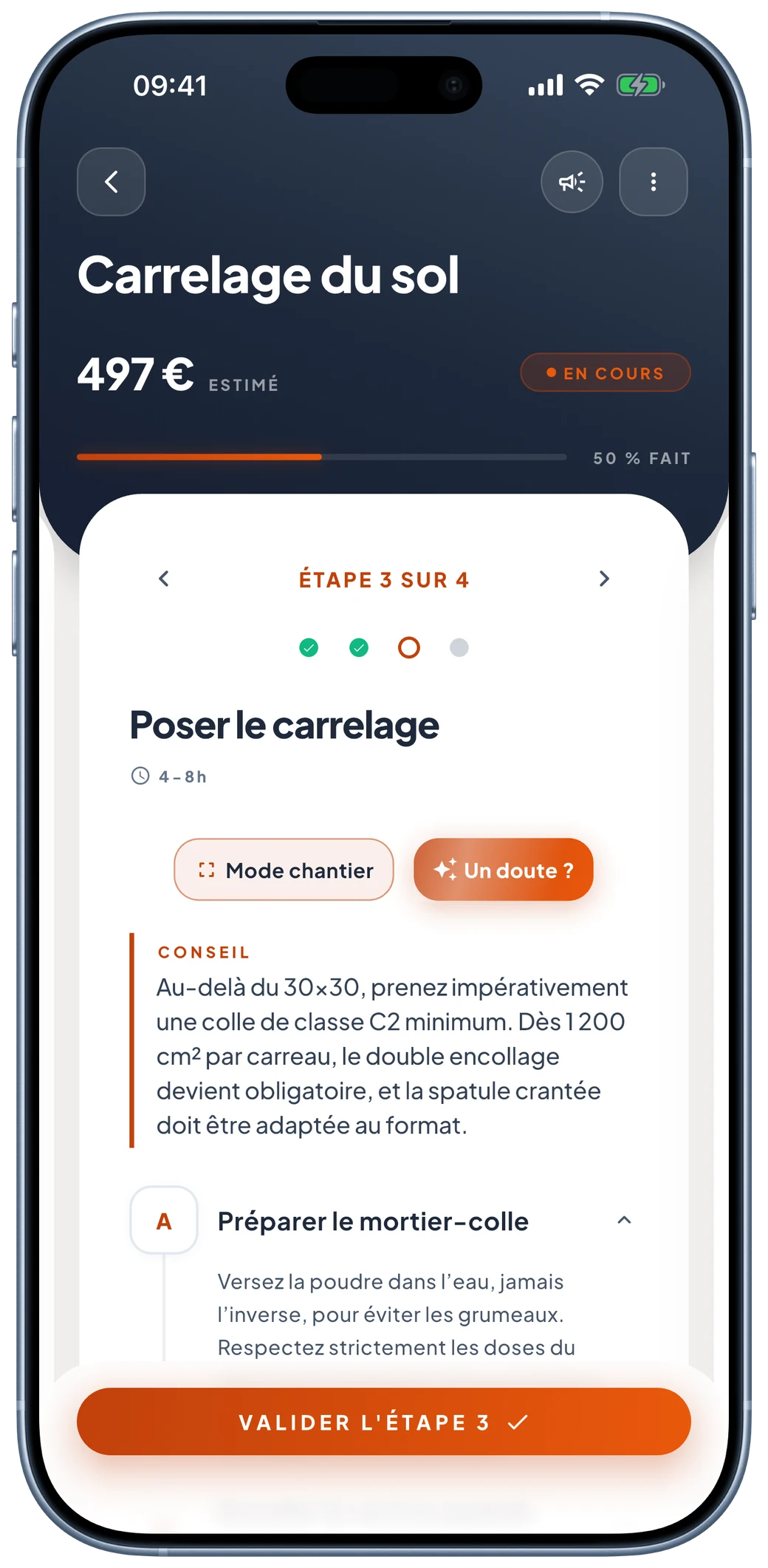 Écran de pose guidée de Murmur : l’étape en cours du carrelage du sol, étape 3 sur 4, avec le conseil technique du moment.