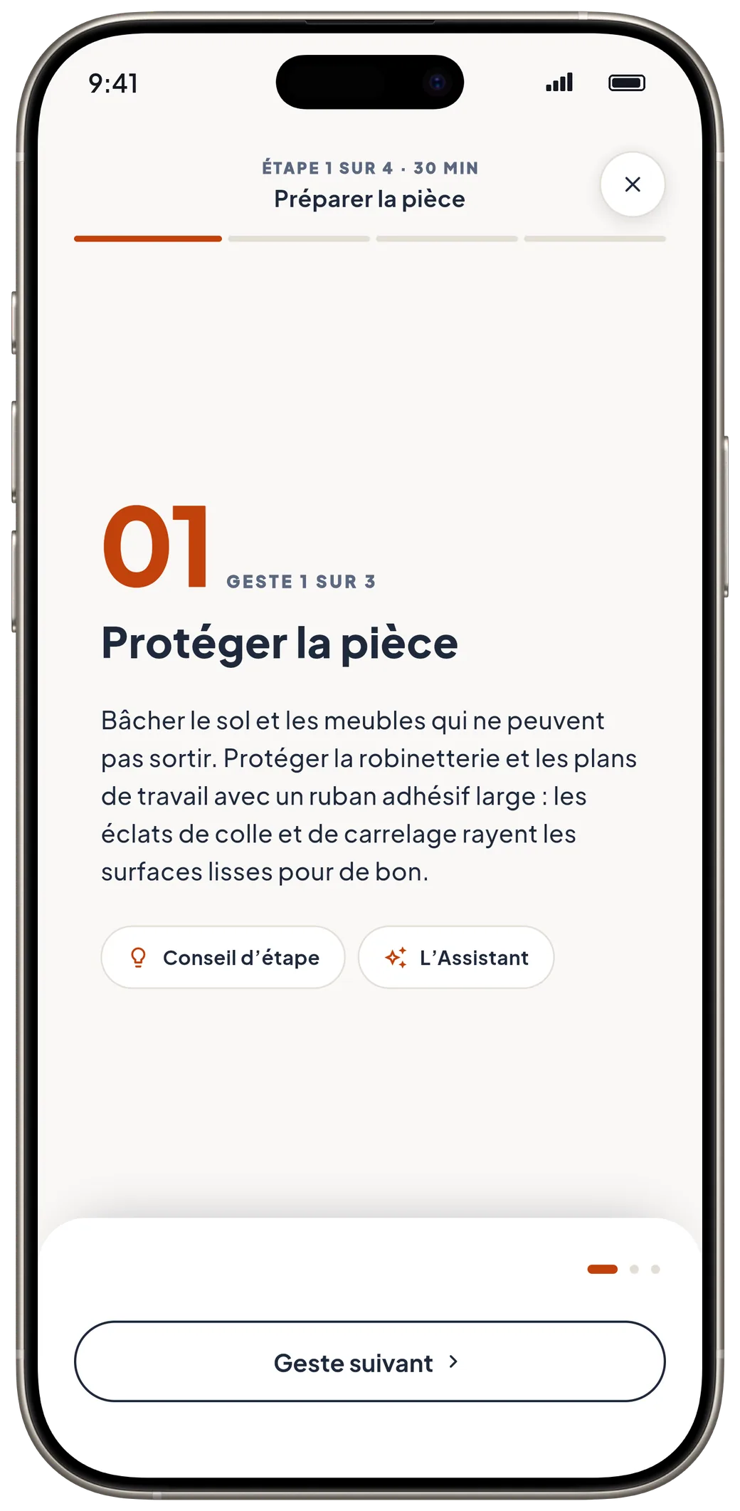 Le mode chantier du carrelage : le geste 1, protéger la pièce, avec le bouton « Geste suivant ».