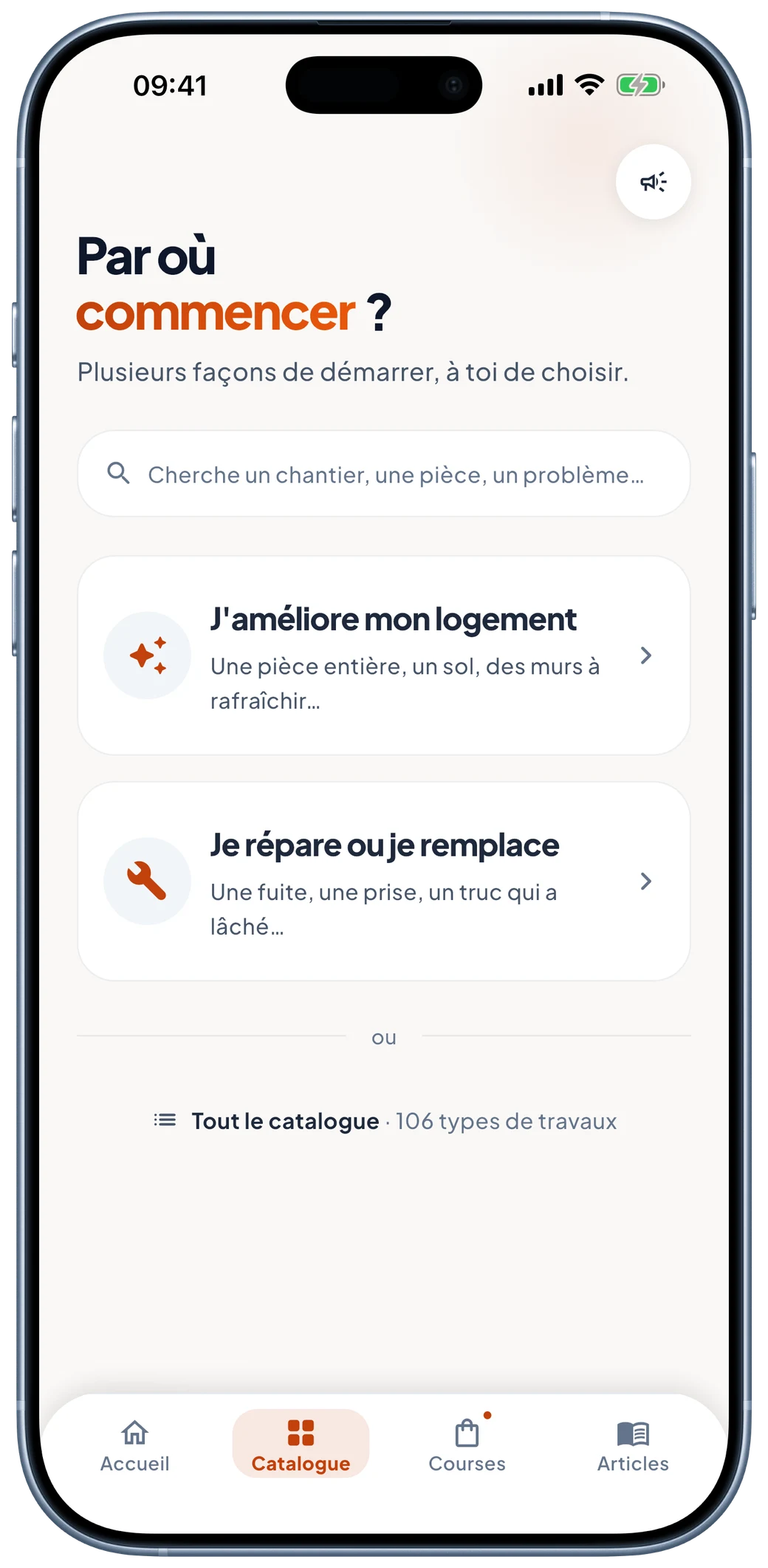 Écran du catalogue : deux entrées, améliorer mon logement ou réparer.