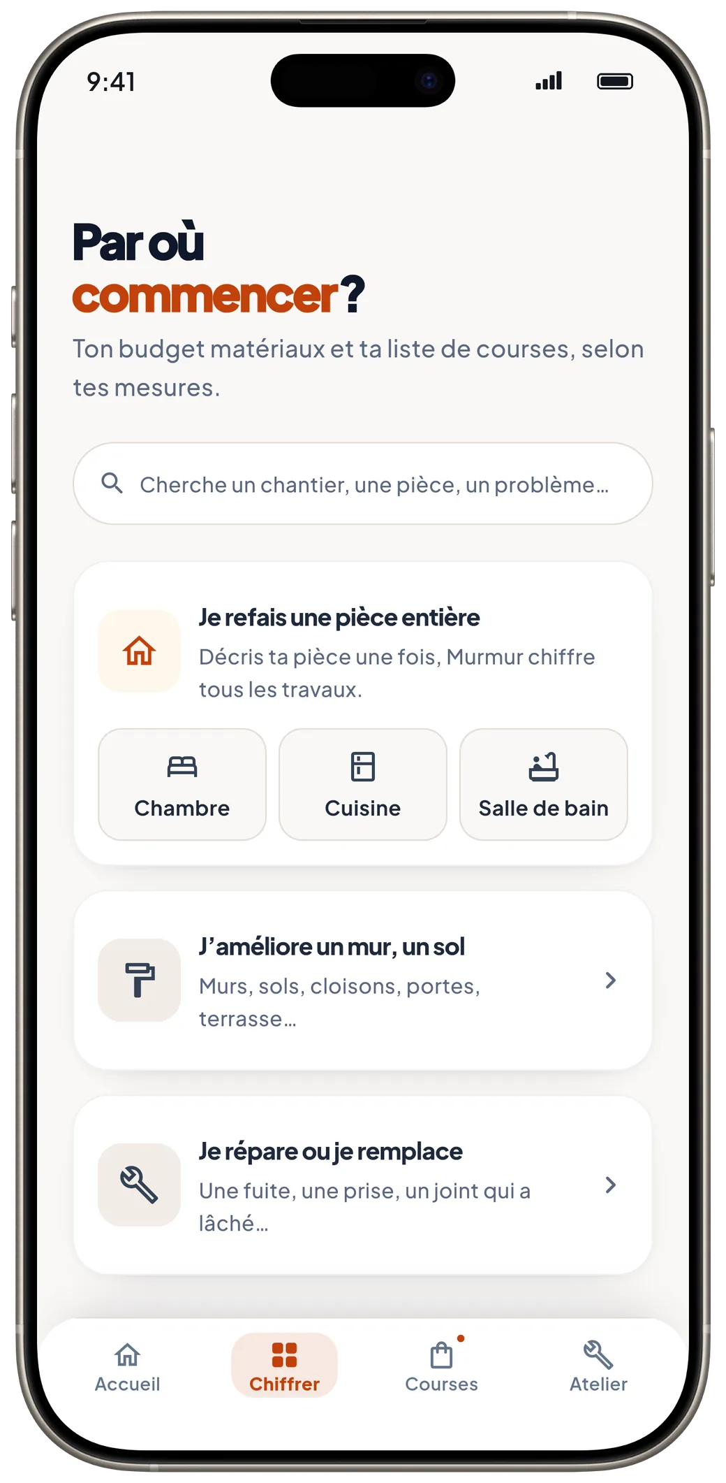 Le catalogue : refaire une pièce entière, améliorer un mur ou un sol, réparer ou remplacer.