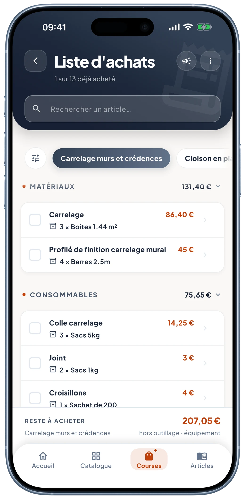 Écran liste d’achats de Murmur : matériaux à acheter par chantier, avec quantités, conditionnements et reste à acheter.