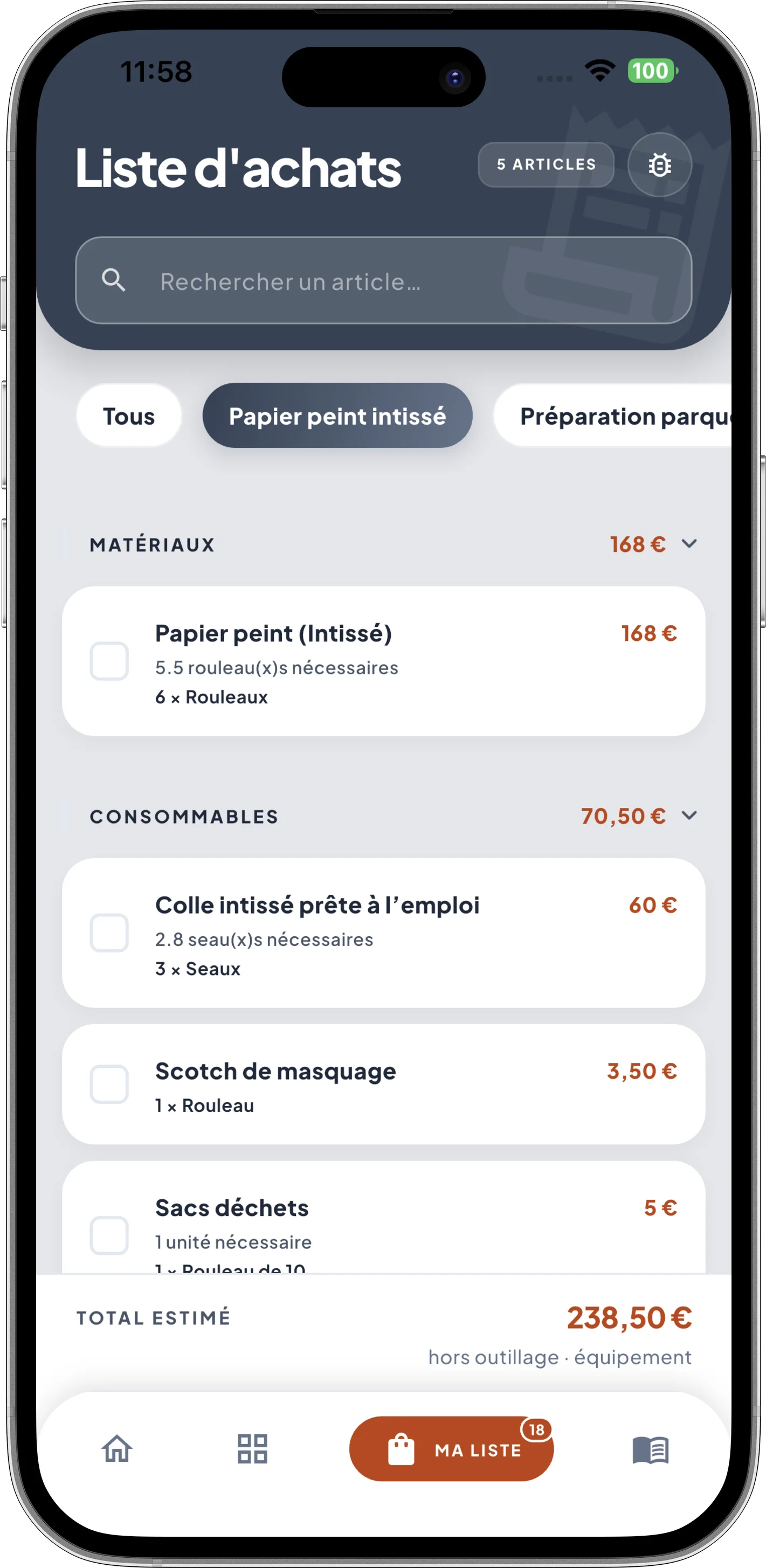 Écran liste d’achats de Murmur : matériaux à acheter avec quantités, prix et magasins.