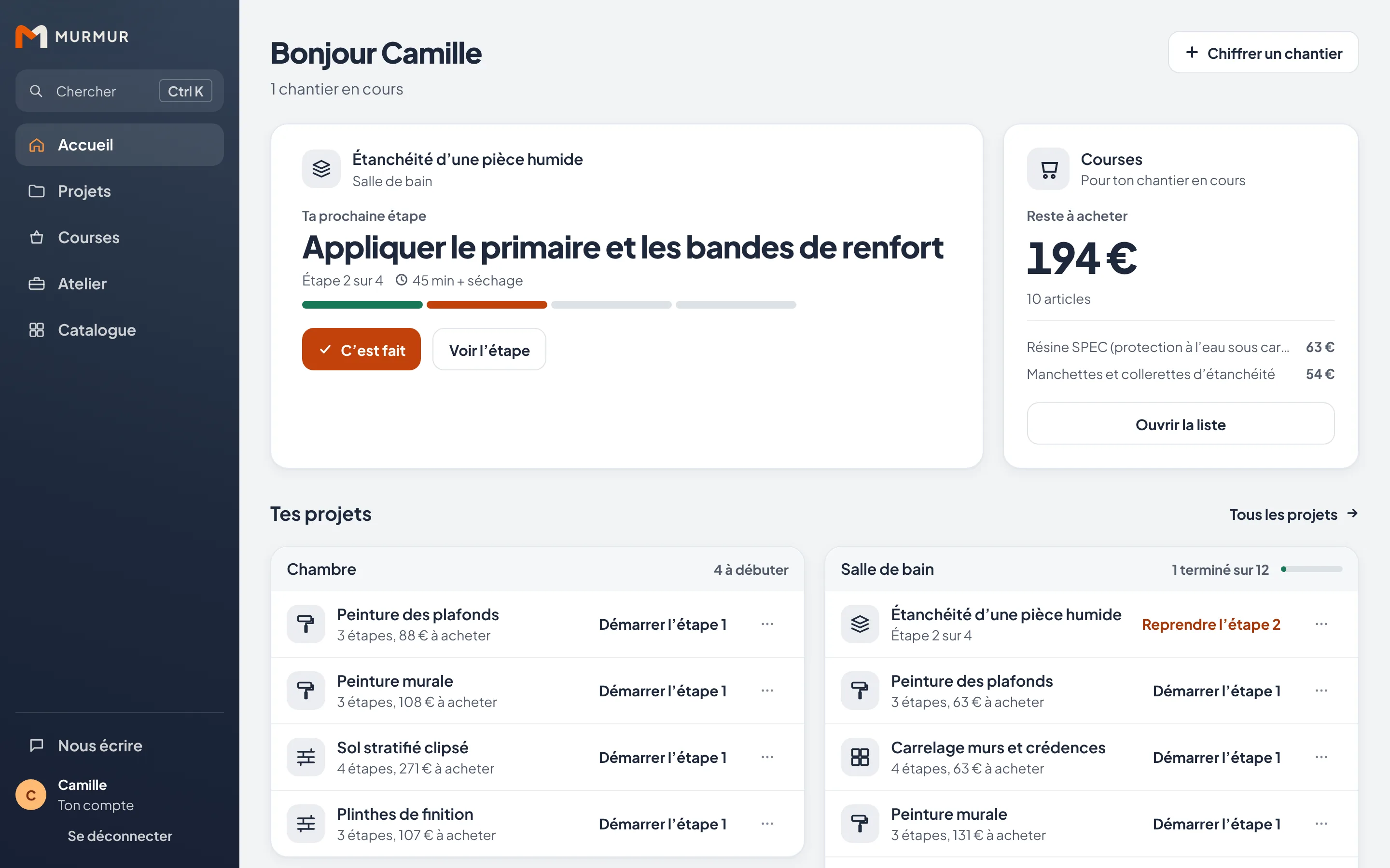 Mes Chantiers sur ordinateur : la prochaine étape de l’étanchéité, 194 € de courses restantes, et les projets Chambre et Salle de bain.