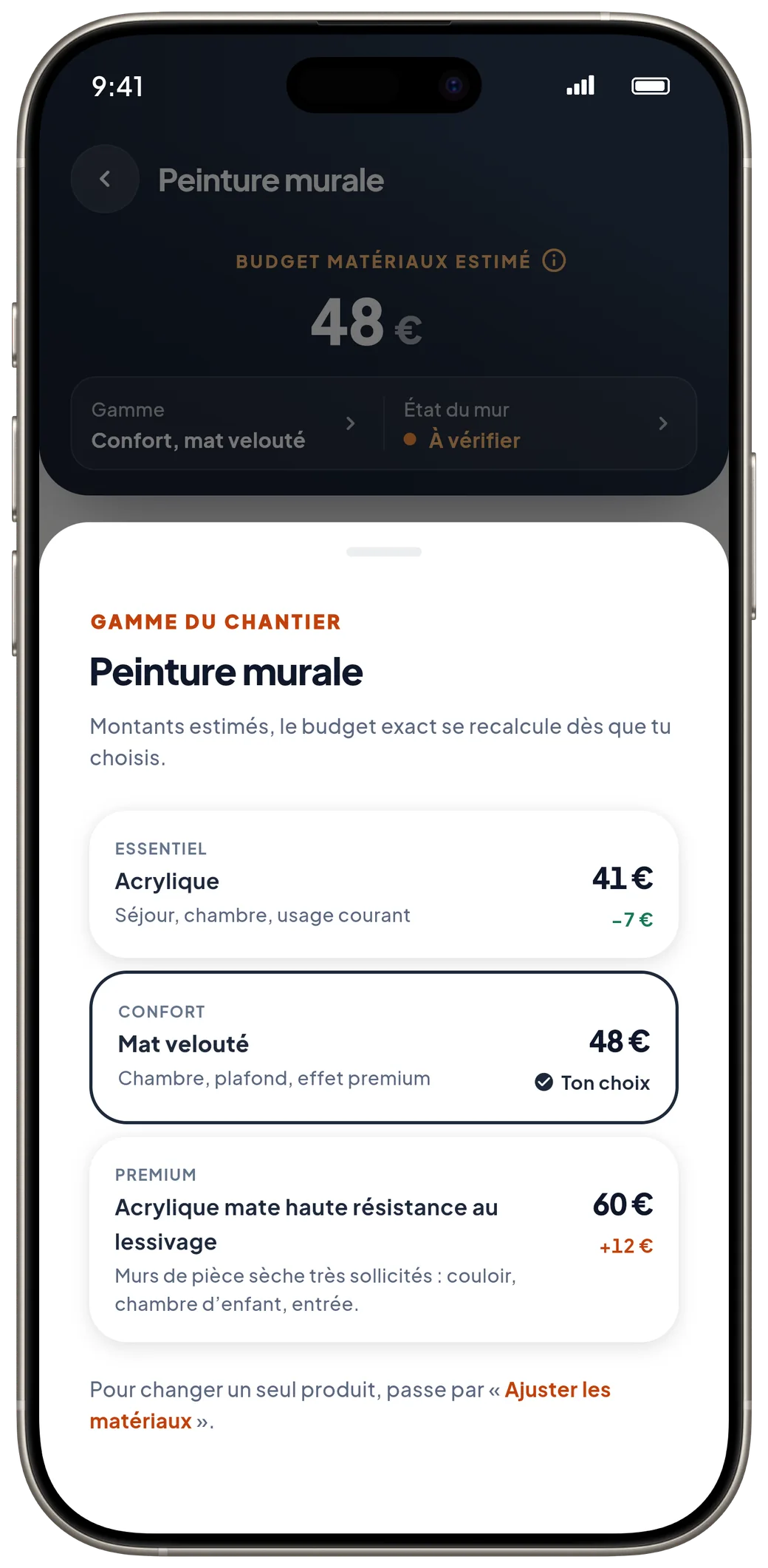 Les trois gammes de la peinture murale : Essentiel à 41 €, Confort à 48 €, Premium à 60 €.