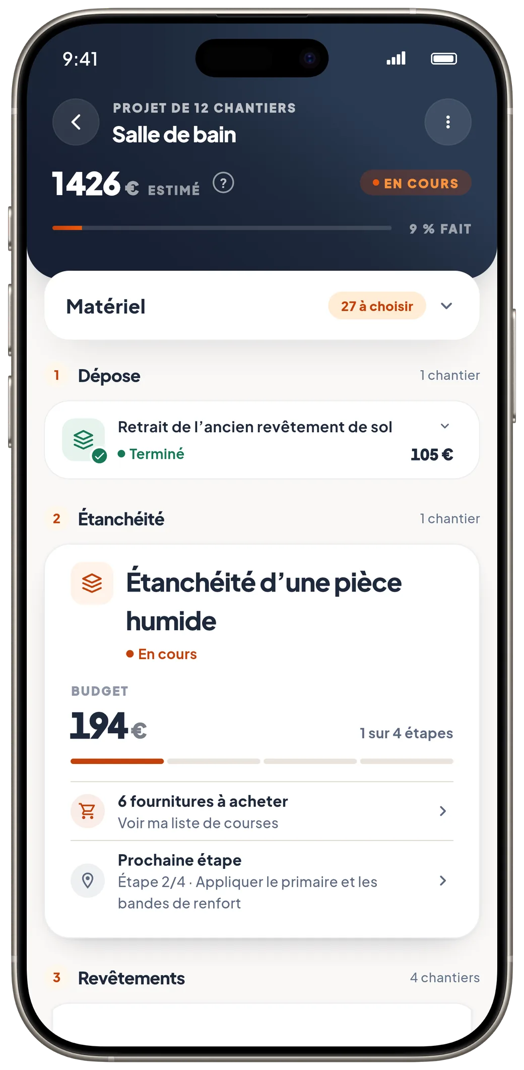 Le projet Salle de bain : 1 426 € estimés, et ses chantiers rangés dans l’ordre, de la dépose à l’étanchéité.