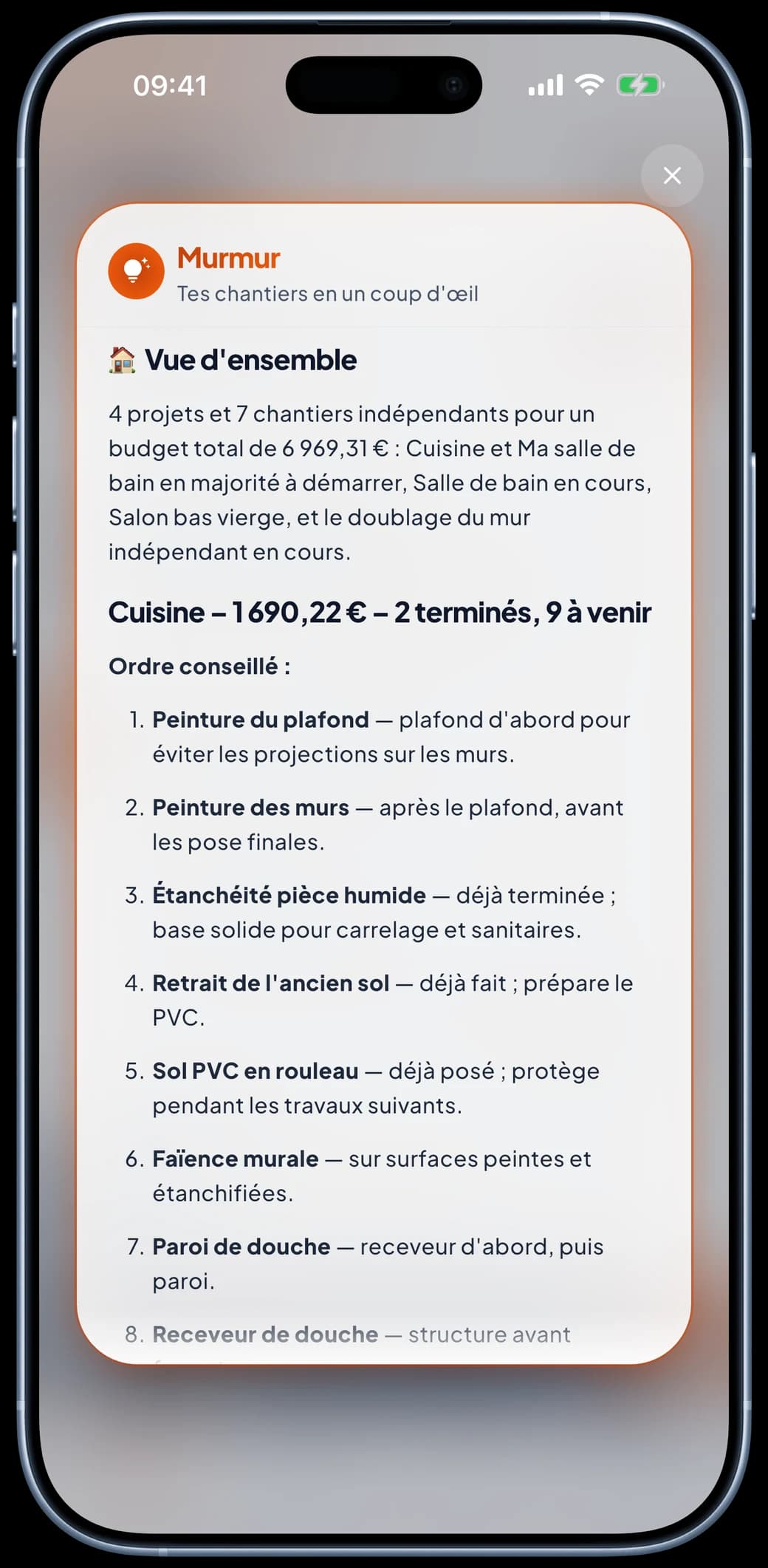 Récapitulatif conseillé de Murmur : l’ordre de réalisation recommandé entre les chantiers, points d’attention et durée estimée.