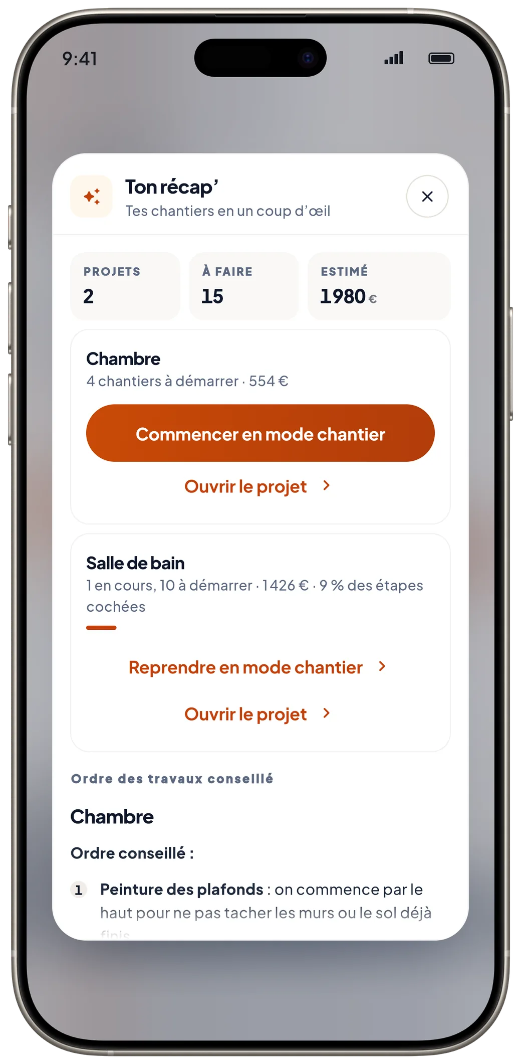 Le récapitulatif de Murmur : 2 projets, 15 chantiers à faire, 1 980 € estimés, puis l’ordre des travaux conseillé.