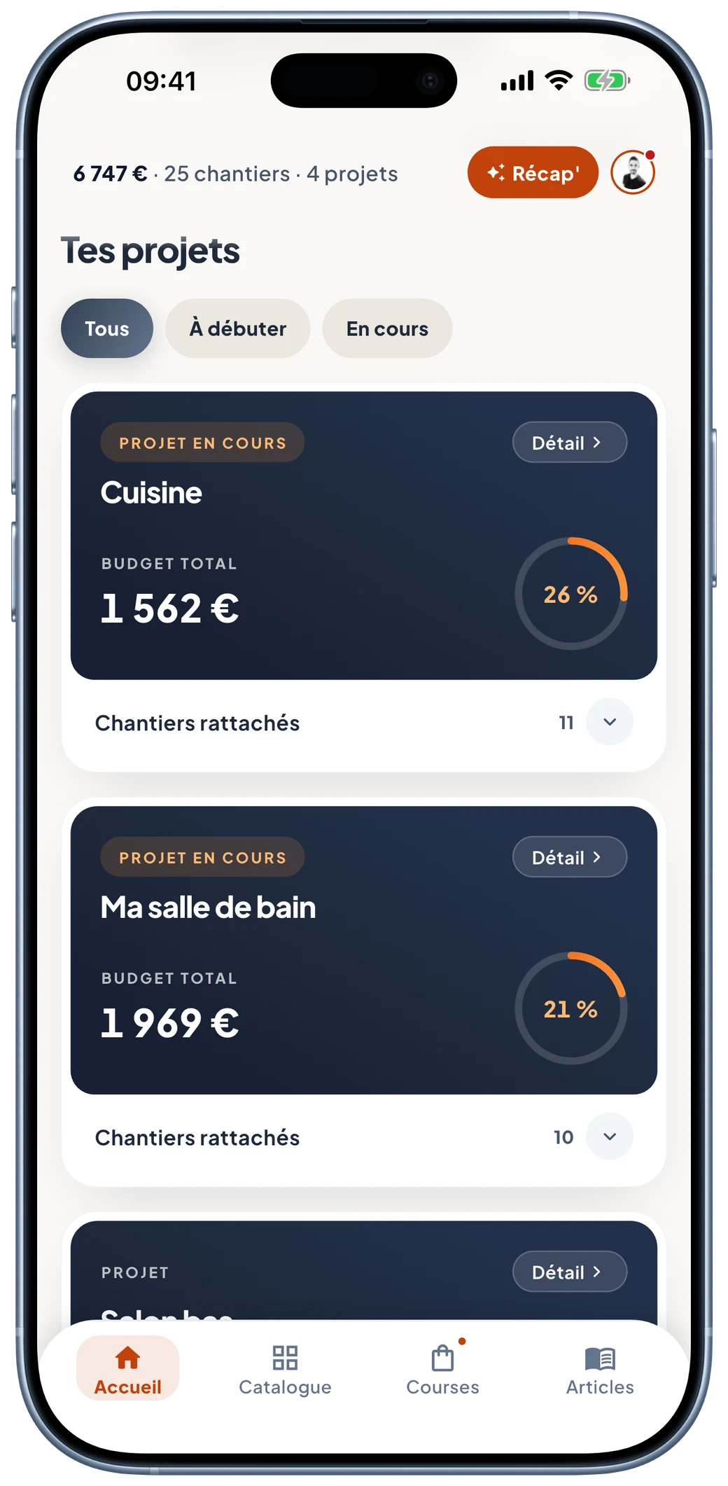 Écran Tes projets : les chantiers regroupés par projet, avec budget total et avancement.