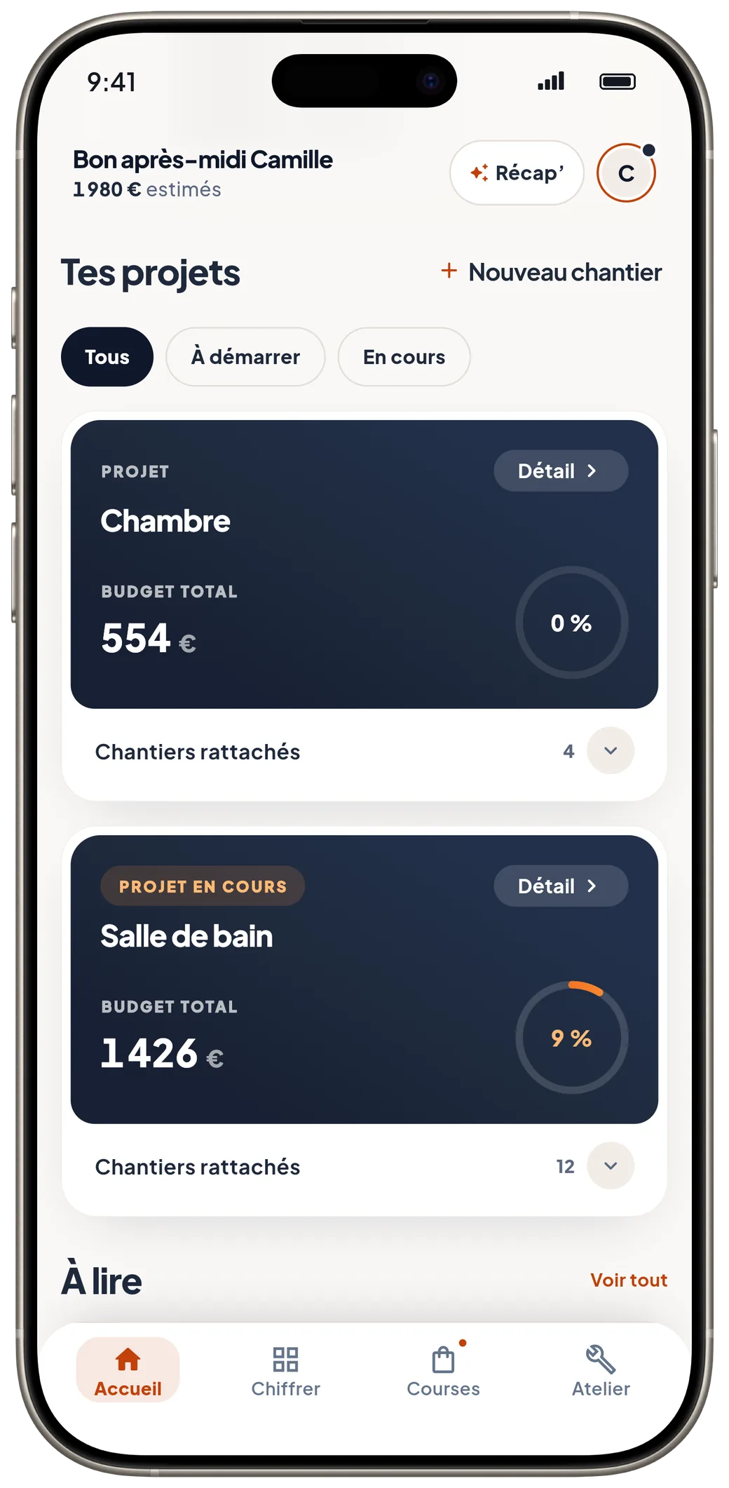 Les projets : la Chambre à 554 € et la Salle de bain à 1 426 €, avec l’avancement de chacun.