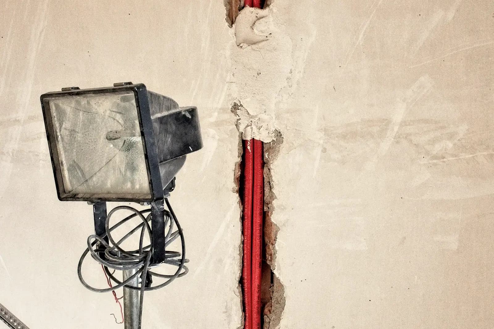 Saignée ouverte dans un mur enduit, gaine rouge apparente sur toute sa hauteur et rebouchage entamé en partie haute.